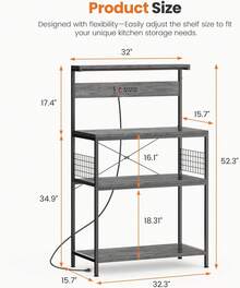 Sweetcrispy Kitchen Bakers Rack With Power Outlet, Coffee Bar Table 4 Tiers, Microwave Oven Stand Station, Adjustable Storage Shelf For Spices, Freestanding Appliance Organizer - 灰色 - 查看 11