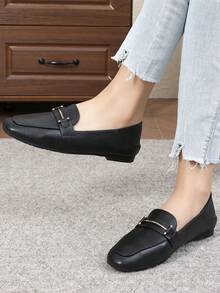 Women's Square Toe Flat Heel Slip-On Loafers, Work Shoes, New 2026 Spring/Autumn, Thick Sole Soft Bottom Moccasins, Plus Size - Black - View 3