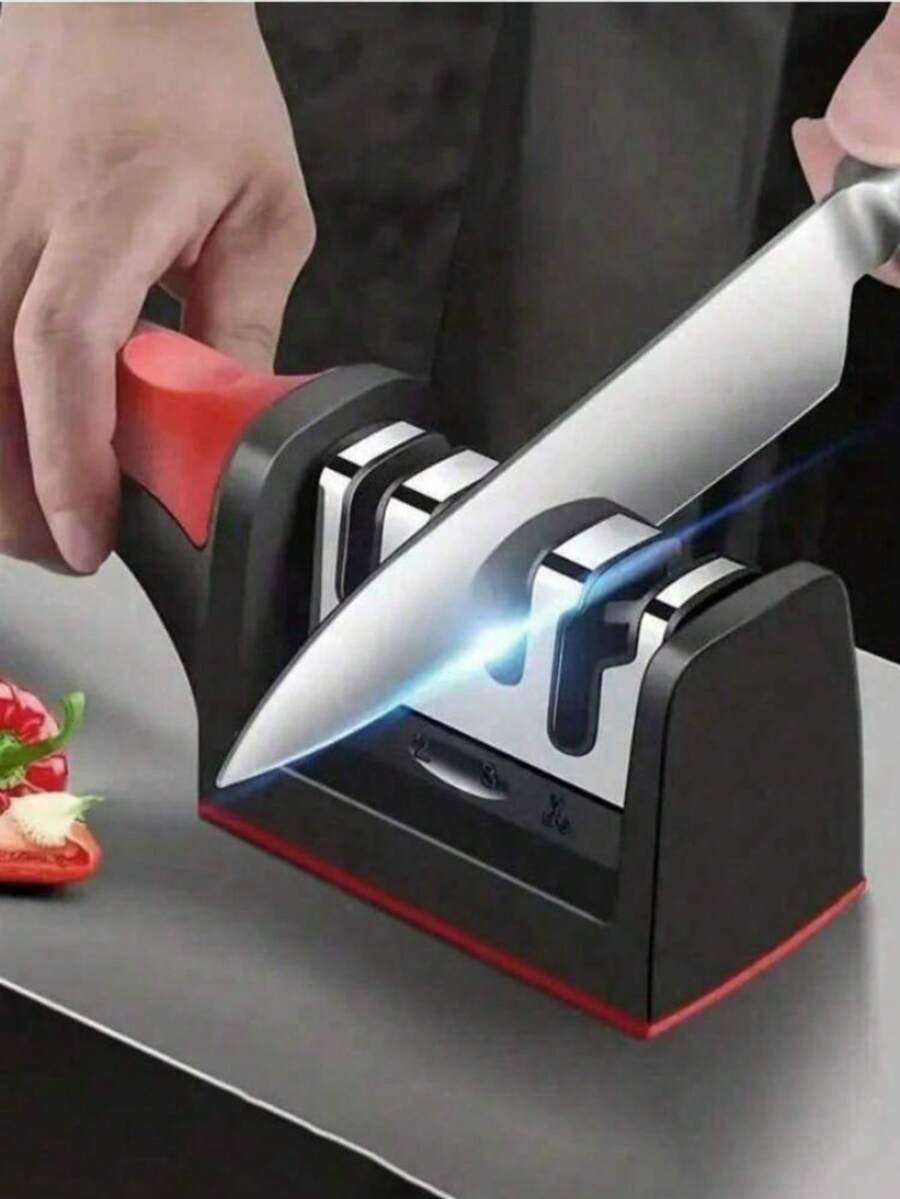 1 件装快速厨房磨刀器，4/3 档研磨系统，快速高效研磨，保养工具，带防滑手柄，方便使用，黑红表面处理，适用于研磨钢刀和陶瓷刀。 - 彩色 - 查看 1