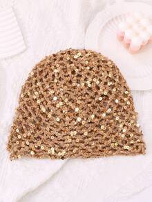 1pc Women's Fashion Hollow Crochet Sequin Beanie, Suitable For Everyday Wear,Hijab,Moños,Hijabs For Women,Diademas Mujer,Men Hats,Gorras Para Mujer,Ganchos Para El Cabello,Accesorios Para El Pelo,Hats,Lazos Para El Cabello,Cap For Women,Hat,Bucket Hat,Gorros,Gorro,Beanie Women,Beanies For Women,Christmas - Gold - View 3
