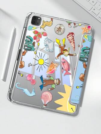 La hermosa y linda cubierta trasera de cristal transparente de acrílico con doble cara pintada con animales marinos y monos es a prueba de golpes y adecuada para iPad de 7ma, 8va y 10ma generación (10.2 pulgadas). Tiene una ranura integrada para lápiz y admite funciones de suspensión y activación/múltiples métodos de soporte plegable. Estos son regalos festivos.