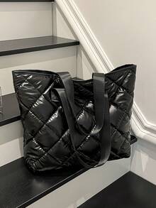 Túi Tote Nữ Dung Tích Lớn, Thiết Kế Chần Bông Họa Tiết Mới Màu Trơn, Túi Tote Đi Làm Cho Sinh Viên Đại Học, Túi Xách Tay & Túi Đeo Vai Dung Tích Lớn, Túi Tote Thêu Họa Tiết Ca Rô - màu đen - Xem 1