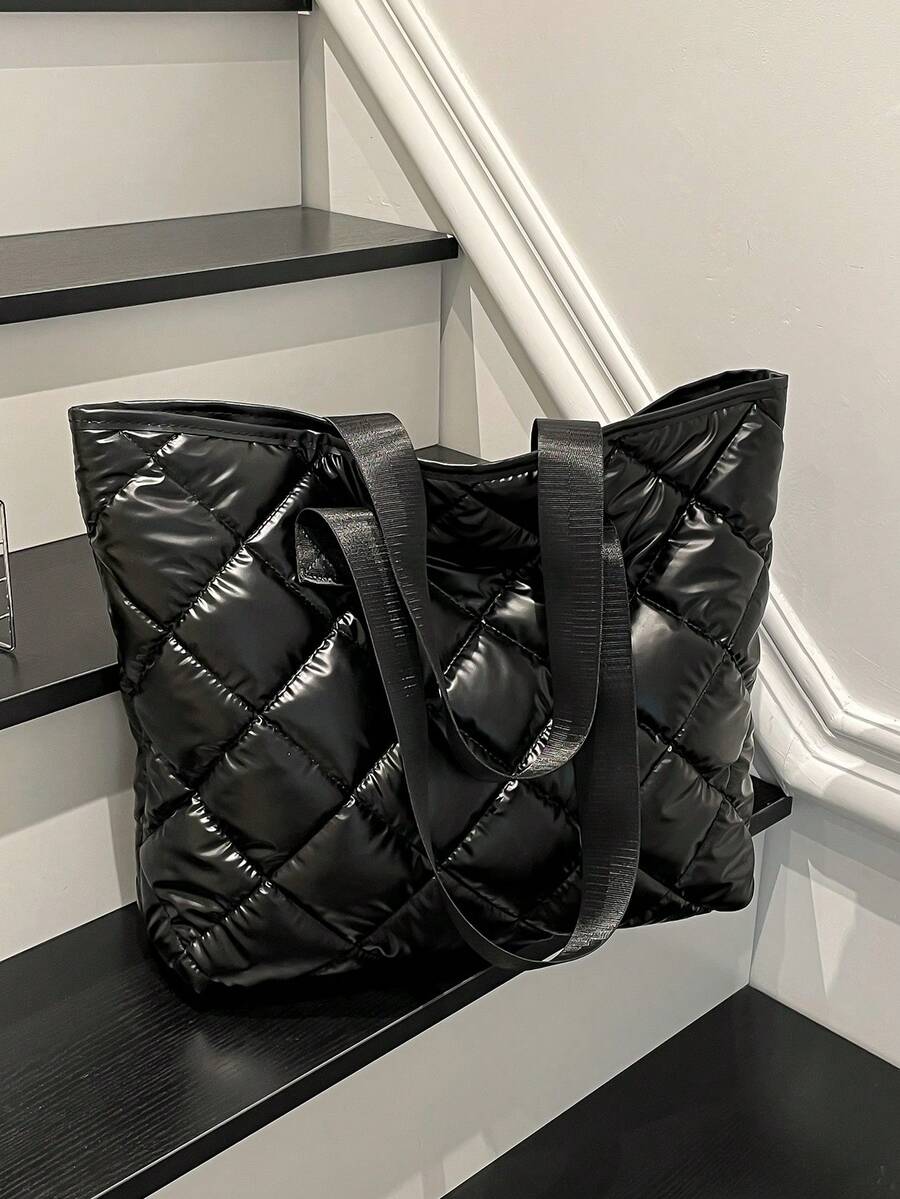 Túi Tote Nữ Dung Tích Lớn, Thiết Kế Chần Bông Họa Tiết Mới Màu Trơn, Túi Tote Đi Làm Cho Sinh Viên Đại Học, Túi Xách Tay & Túi Đeo Vai Dung Tích Lớn, Túi Tote Thêu Họa Tiết Ca Rô - màu đen - Xem 1