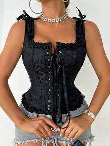 1 chiếc áo hai dây kiểu Gothic dành cho nữ, chất liệu jacquard, thắt dây. - màu đen - Xem 5