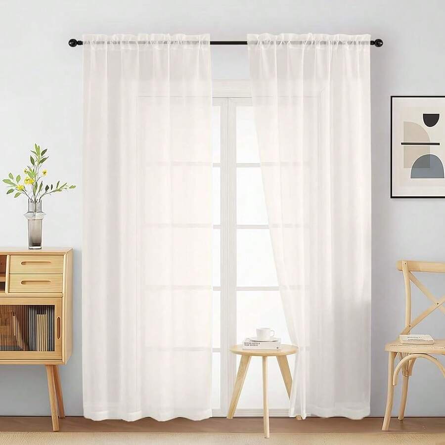 Ivory Sheer Curtains 84 Inches Long 2 Panels, Elegant Airy Transparent Light Filtering Window Curtains, Window Drapes For Living Room Bedroom, Top Dual Rod Pocket Design, 2x42Wx84L Inches,42inchWx84inchL(Packof2),Ivory - 象牙 - 查看 1