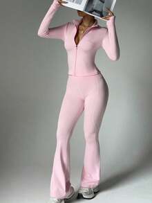 FWH Quần legging ống loe cạp cao phối cùng áo khoác cổ cao có lỗ xỏ ngón cái thoải mái, bộ đồ nỉ ấm áp phù hợp cho cả đi chơi và tập gym, áo khoác cổ cao có lỗ xỏ ngón cái và quần ống loe cạp cao, bộ đồ 2 mảnh giữ ấm cho nữ. - Hồng - Xem 7