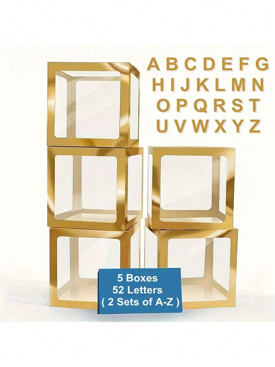 25.02厘米气球盒装饰套装，5个白色或金色盒子，52个字母（A-Z两套），可自由组合，节日装饰惊喜盒，求婚广告婚礼装饰透明气球盒，派对装饰，节日装饰 - 彩色 - 查看 1