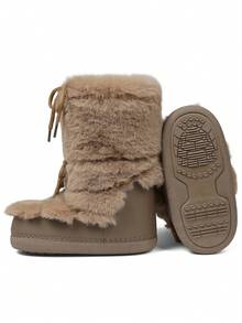 Knee High Boots For Women,Fuzzy Flat Round Toe Rhinestone Lace-Up Slip On Warm Shoes Winter Outdoor Party Chirstmas And Halloween Snow Boots - 摩卡棕 - 查看 8
