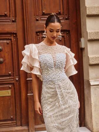 Faeriesty Glamour Lyxig Paljett Sjöjungfru Aftonklänning Med Vågiga Pärlor – Lagerbeklädda Volanger i Organza med Axlar, Graciös Böljande Klänning För Bröllop, Galor, Baler och Exklusiva Kvällssammankomster Nyårsoutfit