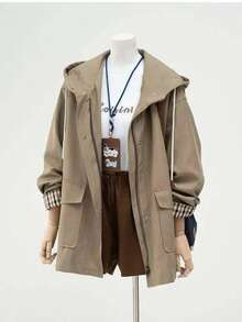 卡其色连帽风衣，女士宽松休闲外套，2025春秋新款，娇小尺码 - 卡其色 - 查看 6