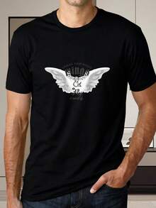 Soft, Skin-Friendly Cotton T-Shirt For Men. Black Short-Sleeved T-Shirt With White Wing Print And "Spread Your Wings And Fly Away" Text For Everyday Wear. Casual Urban Style, Ideal For Social Occasions In Summer And Autumn. Classic Crew Neck Design, Lightweight, Comfortable, And Sweat-Wicking. Fun Holiday Gift. - 黑色 - 查看 6