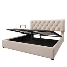 (=767980AAN) Upholstered Hydraulic Double Bed 160x200cm, Adjustable Headboard, Metal Slatted Base, Modern Bed Frame With Storage Space, Natural Finish, Mattress Not Included - Beige + Linen - View 10