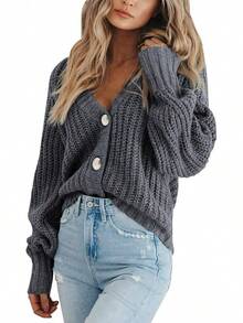 Chaqueta de Punto para Mujer Holgada Abrigo Tejido Grueso Otoño Invierno Cárdigan Ligero Acogedor Oficina Suéter Abierto de Moda - Gris - Ver 3