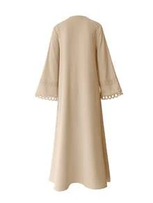 Abayas For Women,Open Abaya Set With Lace Trim, Sleeveless Inner Dress & Chiffon Headscarf - Lightweight, Modest & Breathable For Spring/Summer - 杏色 - 查看 6