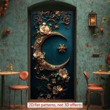 2Dflat, Polyester Ramadan Door Banner 1pc Exquisite Golden Crescent Moon Adorned With Flowers On A Teal Background Eid Al-Fitr Photo Props And Supplies, Suitable For Muslim Ramadan And Eid Al-Adha Celebrations, Islamic-Themed Holiday Decorations - 1pcs - View 7