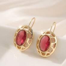 1 Pair Vintage Elegant Copper Gold Earrings With Red Synthetic Cubic Zirconia, Suitable For Daily Wear And Vacation, Also A Perfect Gift For Her - Gold - View 6