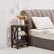 VECELO Set Of 2 Nightstand With 3-Tier Open Shelves - X-Shape Metal Frame Bedside Table, Small End Table For Bedroom & Living Room,Brown - Brown - View 5