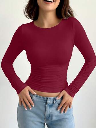Camiseta feminina casual de manga comprida e gola redonda com ajuste fino