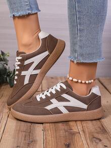 新款休闲运动鞋，时尚百搭仿麂皮系带女式运动鞋，学生鞋 - 卡其色 - 查看 5