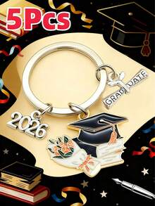 5 piezas Llavero unisex de graduación 2025-2026, llavero de gorra de graduación de aleación con forma de gota de aceite, regalo de recuerdo de ceremonia de graduación, colgante para mochila y bolso