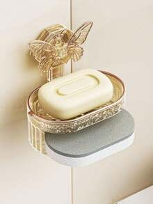 1pc Elegant Palace Style Transparent Soap Dish Set, Double Layer Storage, ABS Material Unbreakable, Suction Cup Wall-Mounted Soap Holder, Large Capacity, Butterfly Shaped - Multicolor - View 4