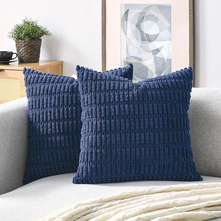 Volcanics Pack Of 2 Navy Decorative Throw Pillow Covers 18x18 Inch, Soft Corduroy Striped Square Cushion Cases, Modern Farmhouse Boho Home Decor For Couch Bed Sofa Living Room,18inchx18inch(Packof2),Navy - Navy - 查看 1