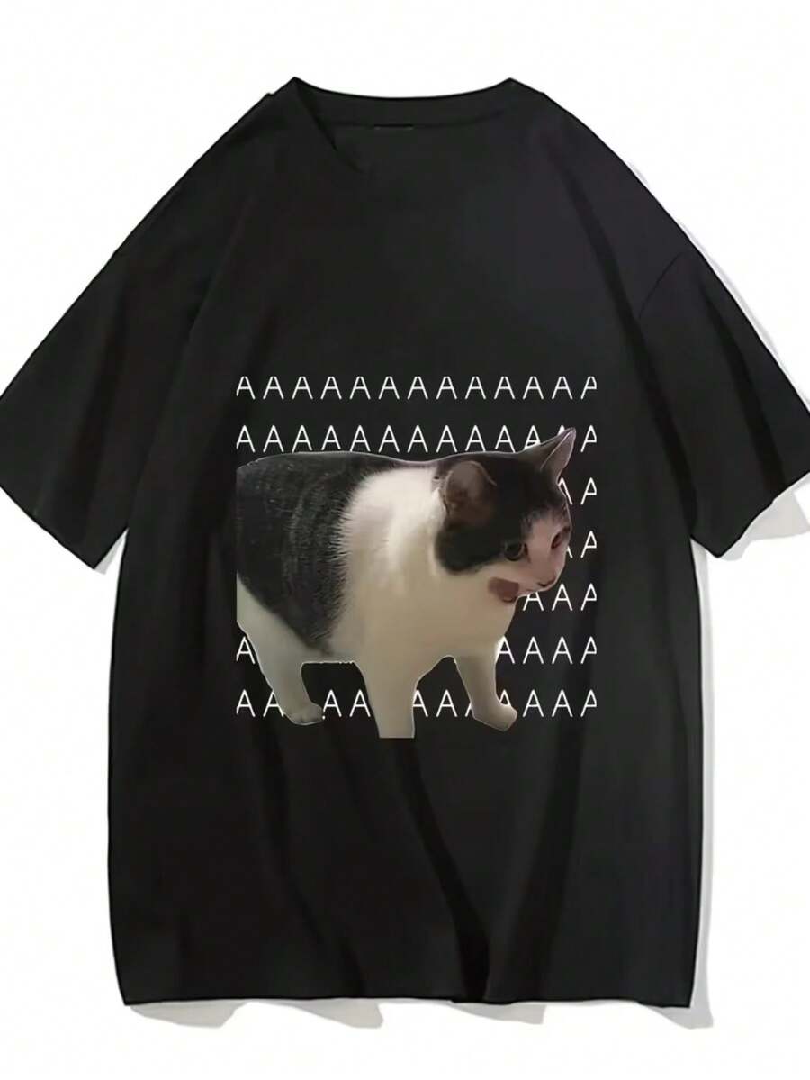 AAAAA Cat Meme T-Shirt Unisex Men's And Women's Blouse 100% Cotton Premium Top Streetwear New Release Immediate Shipping Various Colors!! Plus Size - 黑色 - 查看 1