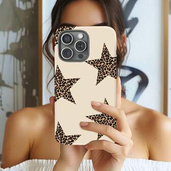 Leopard Star Pattern Phone Case, Cream Leopard Print, Durable, Compatible With IPhone 16e, 15 Pro Max, 14 Plus, 14 Pro, 13, 12, 11