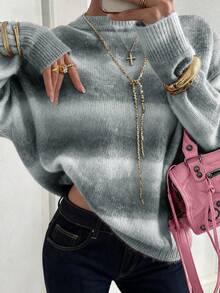 Live To Mo Women's Winter Sweater, Y2K Valentine's Day Outfit, Women's Casual Long Sleeve Knit Top - Cute Striped Blue Pullover, Essential For Daily Wear - Grey - View 1