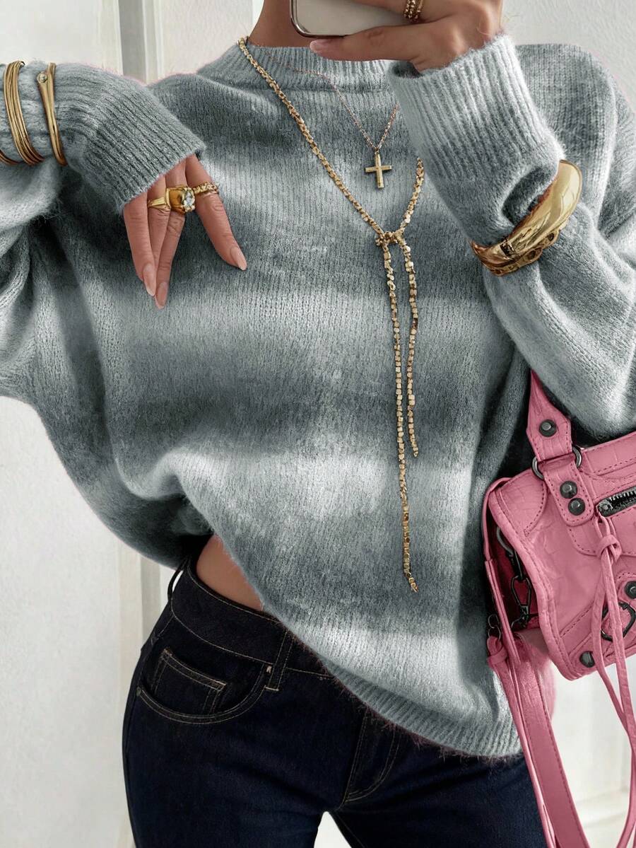 Live To Mo Women's Winter Sweater, Y2K Valentine's Day Outfit, Women's Casual Long Sleeve Knit Top - Cute Striped Blue Pullover, Essential For Daily Wear - Grey - View 1