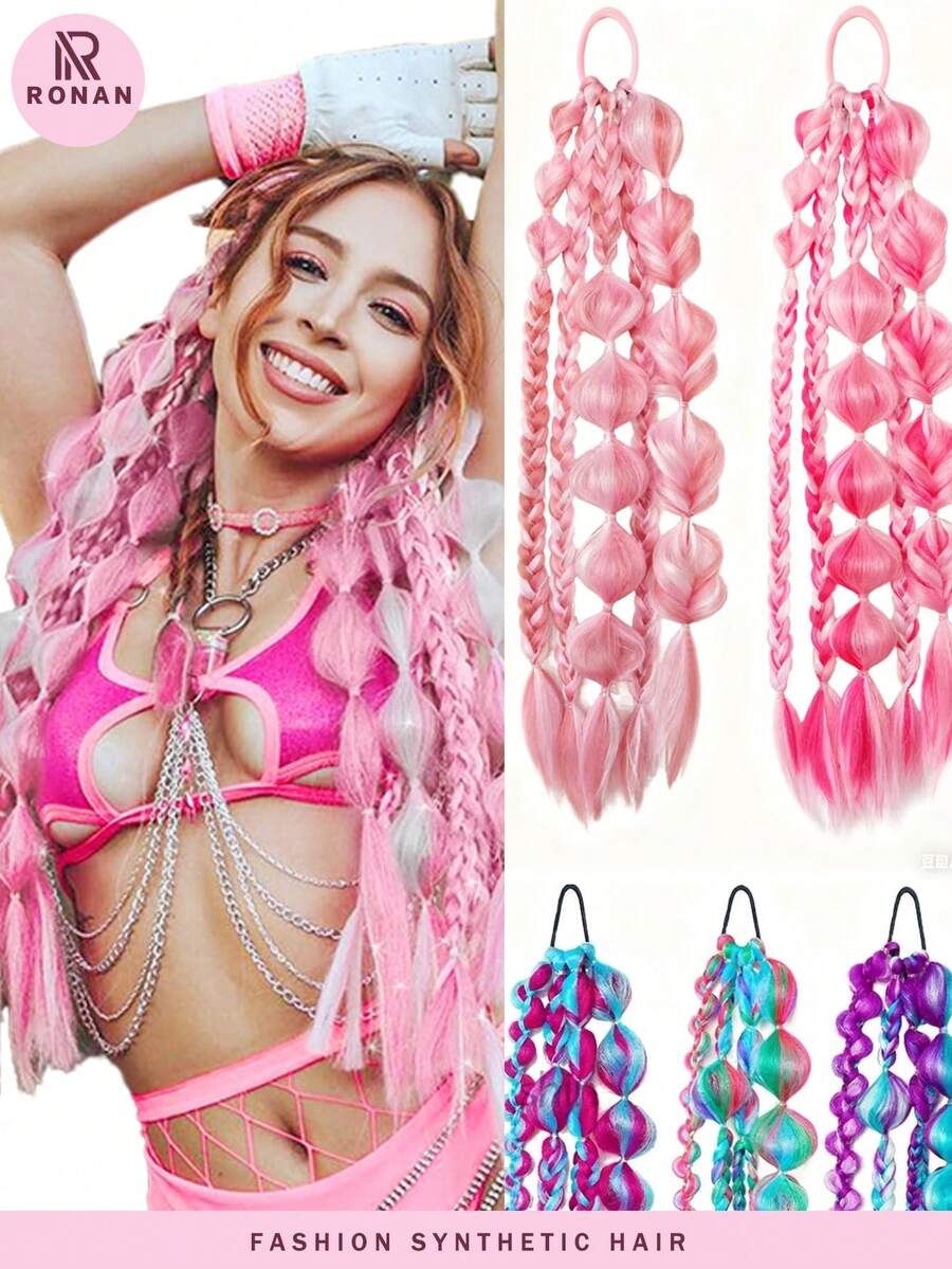 1 Piece 24-Inch Hand-Woven Multi-Colored Bubble Braid Hair Extension - Vacation Style, Suitable For All Hair Types.