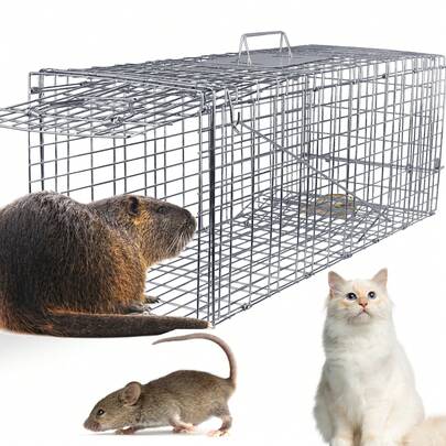 Trampa de jaula para animales vivos de 31", resistente y plegable, ideal para gatos callejeros, mapaches, ardillas, zorrillos, marmotas, topos, zarigüeyas, conejos y más. Captura y suelta.