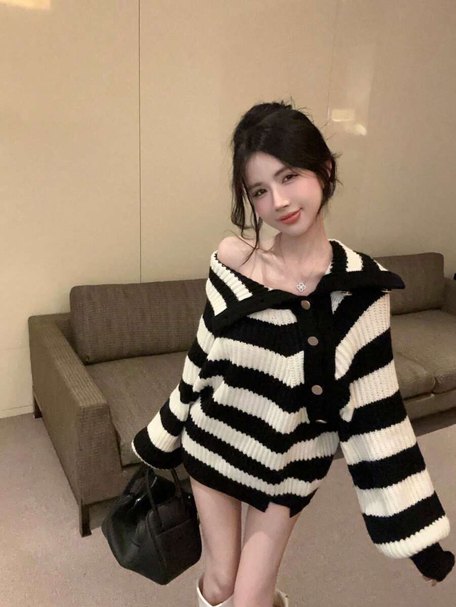 Slouchy Off Shoulder Striped Turtleneck Knit Sweater, Autumn/Winter - Black and White - View 1