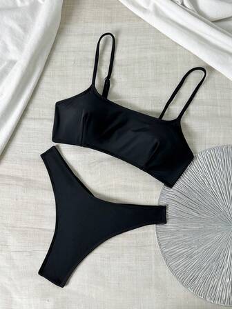 女士时尚沙滩度假吊带露背黑色比基尼泳衣