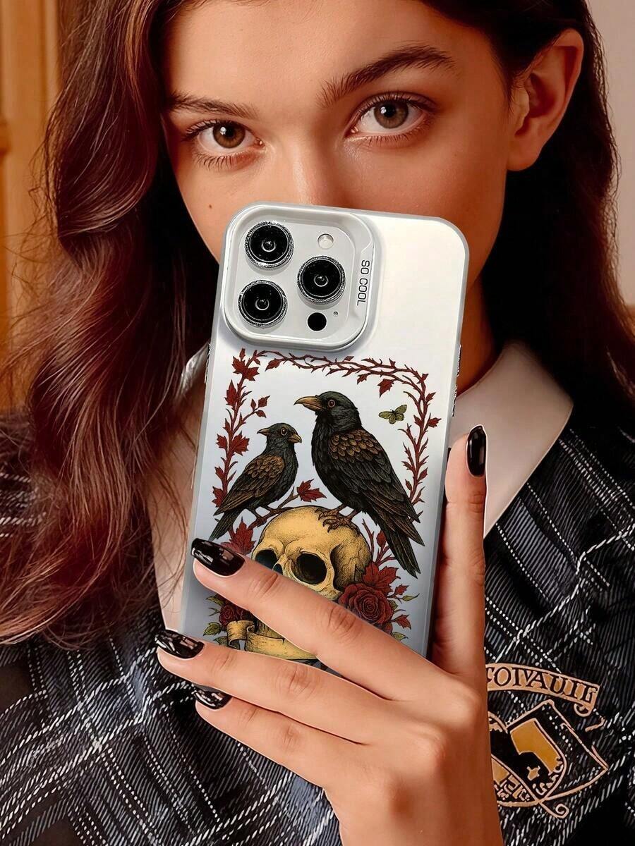 1pc Funda de Teléfono de TPU de Cobertura Completa a Prueba de Golpes con Borde Suave Diseño de Calavera Gótica con Dos Cuervos, Rosas Rojas, Hojas Rojas y Mariposa para Entusiastas de Halloween y Amantes del Arte Oscuro Compatible con iPhone 17/16/15/14/13/12/11/Plus/Pro/Promax/Air, Galaxy S25/S24/S23/S22/S21/FE/Plus/Ultra, Interesante Rompecabezas Impermeable a Prueba de Golpes Resistente a Rasguños - Negro - Ver 1