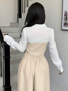 abyoxi 女士杏色和白色撞色领长袖单排扣短款衬衫，休闲通勤日常简约办公穿搭，适合秋冬季穿着 - 杏色 - 查看 2