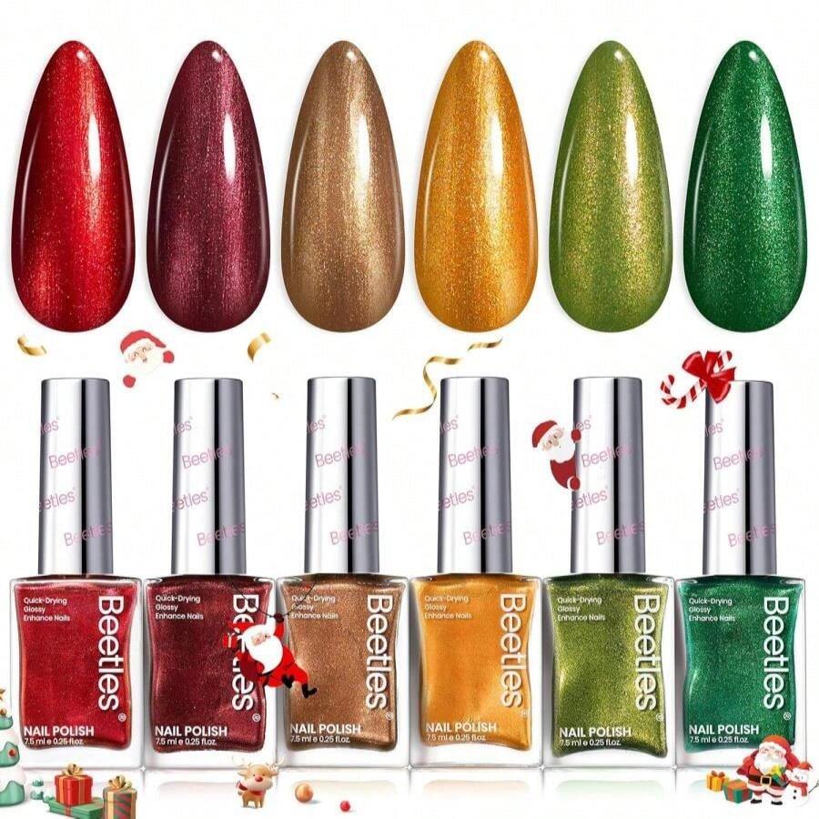 Beetles Winter Nail Polish Set - Glamour Era 6 Colors Quick Dry Glitter Burgundy Red Gold Green Yellow High-Gloss Long-Lasting Nail Polish For DIY At-Home Manicure Christmas Gift For Women - 淺藍色 - 查看 1