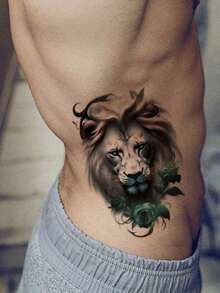 1pc Lion Rose Flower Waterproof Temporary Tattoo Sticker, Sexy Body Art Tattoo For Women On Waist And Thigh, Colorful Lion Design Paper Tattoo For Arm, Leg, Waist, Back, Realistic One-Time Fake Tattoo Sticker