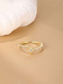 1 chiếc nhẫn hình ngôi sao bằng bạc Sterling 925 dành cho nữ, mạ vàng 18K, đính đá Cubic Zirconia, nhẫn cá nhân hóa, hoàn hảo để đeo hàng ngày, quà sinh nhật, quà đính hôn, trang sức cao cấp. - Vàng - Xem 5