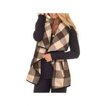 - Chaleco de talla para mujer, con solapa a cuadros, frente abierto, chamarra sin mangas, con bolsillos, talla XL - 5XL, 21 - Plaid Khaki Brown, XL - inicial - Ver 3