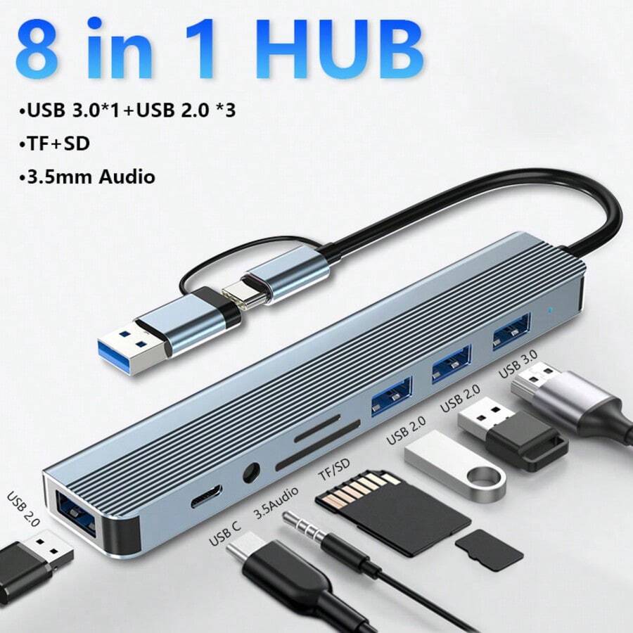 8 In 1 USB C USB A Hub, 1 USB 3.0 5Gbps, 3 USB 2.0 Ports, USB C Data Port, SD And TF Card Reader, 3.5mm Audio Jack, Aluminum Alloy Type C Multiport Adapter, Plug And Play For Laptop Desktop PC Tablet - màu sáng - Xem 1