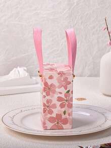 10pcs Floral Wedding Favor Boxes With Handles, Pink Sakura Design, Wedding And Valentine's Day Gift Empty Packaging Boxes - Multicolor - View 2