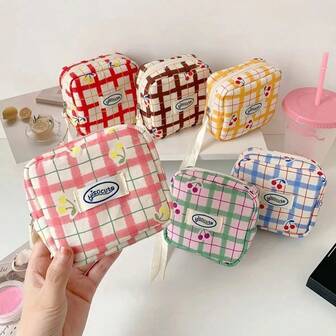 Large Capacity Y2K Cherry Pencil Case Cosmetics Storage Handheld Stationery Storage Bag Checkered Cherry Zipper