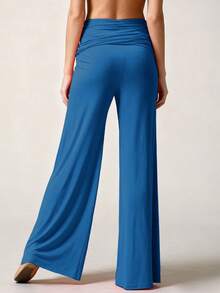Womens Foldover Pants - Ultra Soft Stratum Tech Performance Elastic Mid Rise Wide Leg Casual Lounge Yoga Pants - Blue - View 7