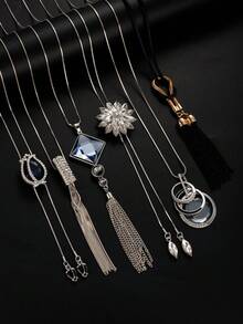 1件/6件套镀银水钻花朵流苏吊坠项链，女士珠宝礼品