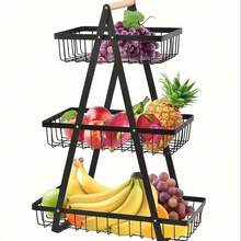 2/3 Tier Kitchen Countertop Fruit Basket, Portable Kitchen Storage Fruit Tray, Detachable Metal Fruit & Vegetable Basket With Wooden Handle, Fruit Rack Storage, Suitable For Kitchen, Living Room, Bathroom, Ideal For Storing Bread, Snacks, Vegetables, Fresh Produce, Fashionable Storage Solution, New Year Or Valentine's Day Gift, Secret Santa Gift