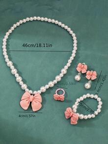 5 pièces/set Collier, bracelet, boucles d'oreilles de princesse rose, ensemble de bijoux, bracelet de perles mignon pour filles - Multicolore - Voir 4