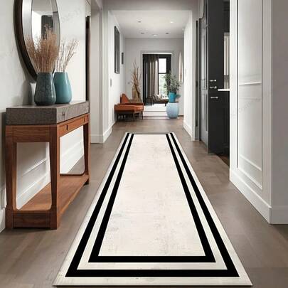 Tapete corredor moderno listrado em preto e branco (1 peça), ideal para sala de estar, quarto, hall de entrada e outros ambientes. Decoração multifuncional para casa, perfeito como tapete para sala de estar.