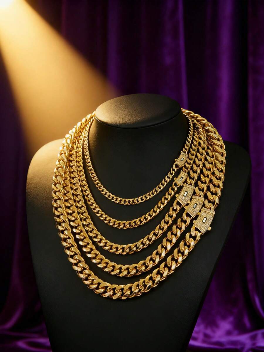 14mm Gold Cuban Link Chain And Bracelet Set 14K Gold Plated - 316L Stainless Steel Never Tarnish Waterproof With Vacuum Iced Diamond S Logo Clasp, Hip Hop Necklace & Bracelet Combo - Nhiều màu - Xem 1