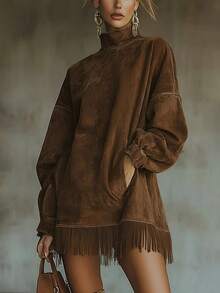 2 High-Necked Suede Fringed Dress With Loose Long Sleeves And Pocket Design. Three-Dimensional Cut Shape Bohemian Style. Fall/Winter Relaxed And Fashionable Item. Fashionable Women's Outerwear. Christmas Gift. . - 棕色 - 查看 1